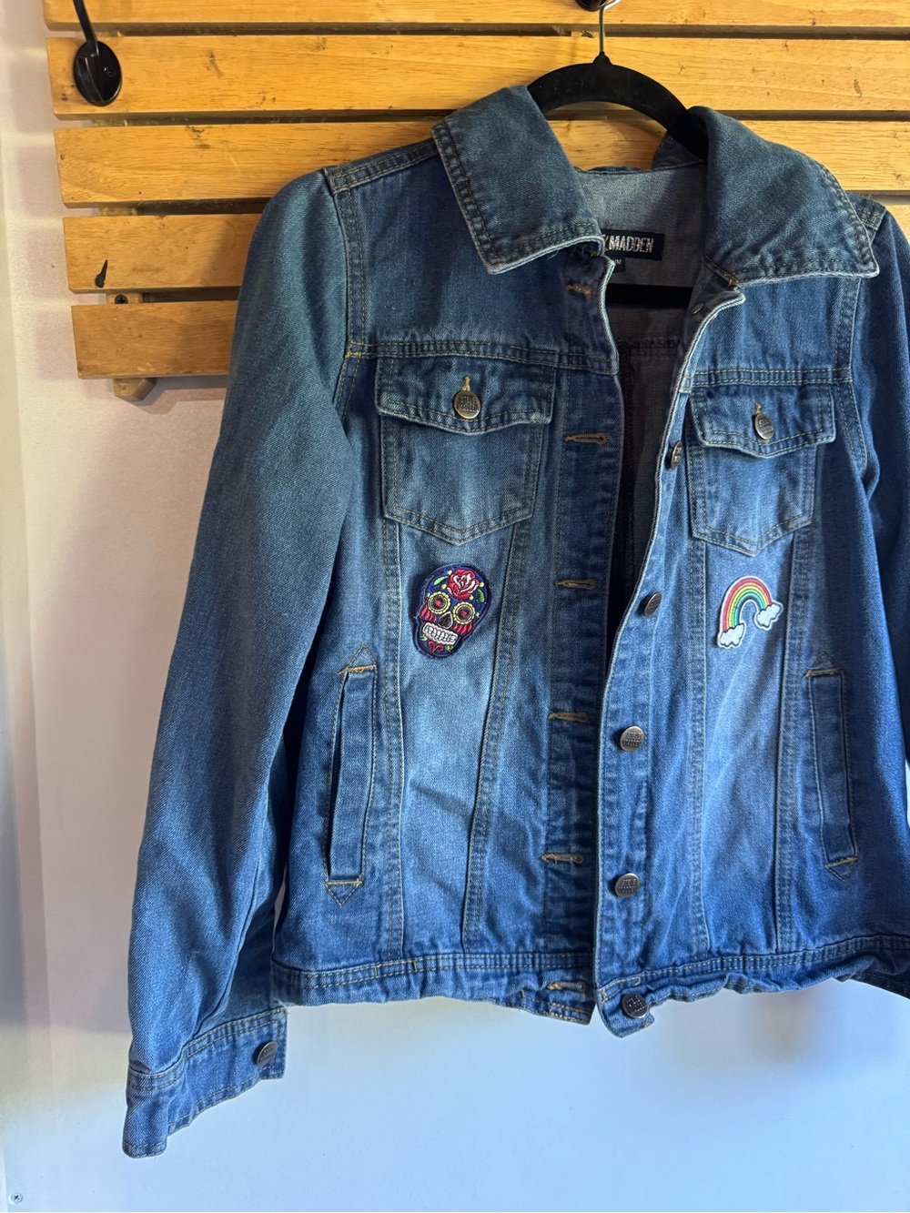 ๐5 for $25๐ Steve Madden Blue Denim Jacket with Multicolor Patchwork - Picture 4 of 9